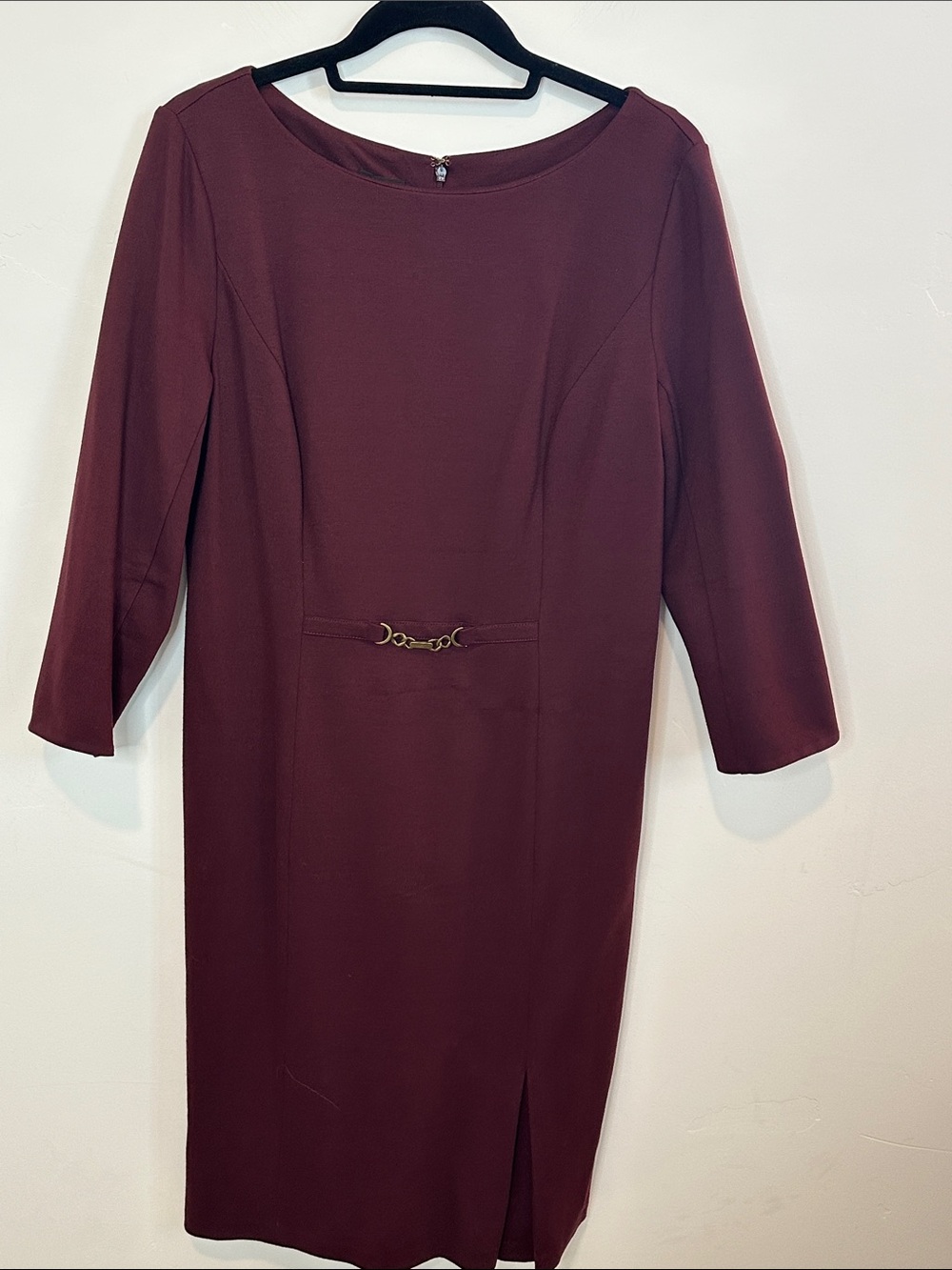 Talbots Burgundy Long-Sleeve Sheath Dress with Gold Chain Accent Size 12